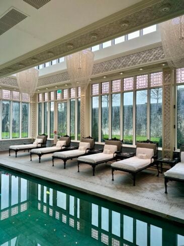 The Spa at Ashford Castle in County Mayo showing a luxury spa day in Ireland with Augustinus Bader facials, spa facilities, mosaic pool, and five-star hotel surroundings
