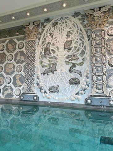 The Spa at Ashford Castle in County Mayo showing a luxury spa day in Ireland with Augustinus Bader facials, spa facilities, mosaic pool, and five-star hotel surroundings